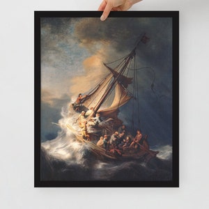 May include: A painting depicting a ship caught in a stormy sea. The ship is being tossed about by the waves, and the people on board are struggling to stay afloat. The sky is dark and stormy, and the waves are crashing against the ship. The painting is a classic example of the Dutch Golden Age of painting.