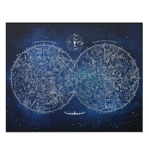 Puzzle carte vintage constellations, soleil lune, système solaire