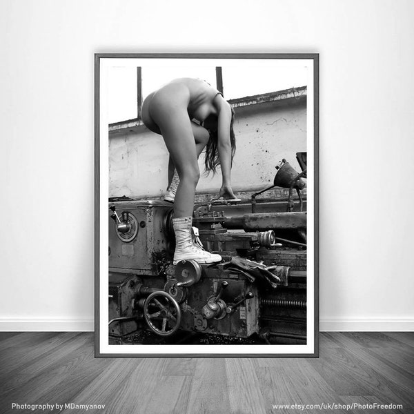Clibing the Lathe Poster, Art Nude Print, Black & White, Nudity, Sexy