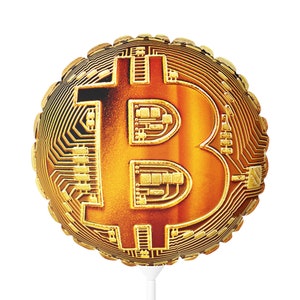May include: A gold foil balloon shaped like a Bitcoin symbol. The balloon is inflated and has a white string attached to the bottom.