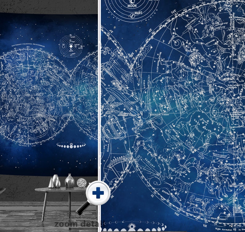 Constellations Map Wall Tapestry, Both Hemispheres, Unique Vintage Astronomy Astrology Mythology, Cosmos Galaxy, Celestial Art image 2