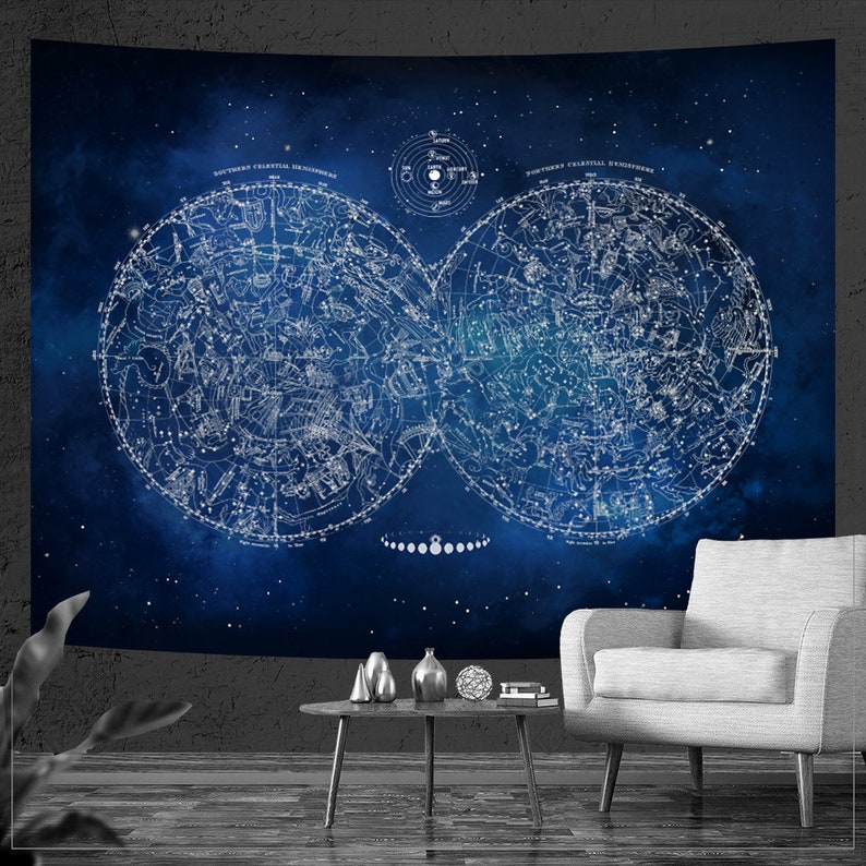 Constellations Map Wall Tapestry, Both Hemispheres, Unique Vintage Astronomy Astrology Mythology, Cosmos Galaxy, Celestial Art image 1