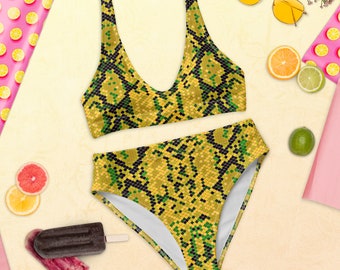 Bikini a vita alta con stampa anaconda gialla: costume da bagno con stampa serpente