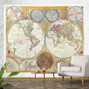 Vintage Weltkarte Wandteppich, Geographie Astronomie Astrologie Wissenschaft Mond Sonne Zyklen Konstellationen, Wand-Kunst-Dekor