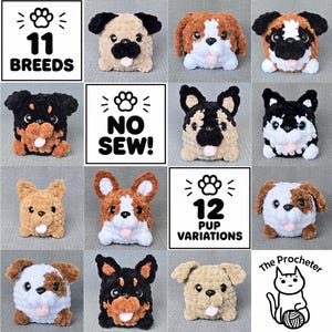 Può includere: Una collezione di dodici giocattoli per cani in peluche all'uncinetto di varie razze e motivi di colore, con occhi in plastica nera e piccole lingue rosa. L'immagine include riquadri di testo con 11 BREEDS, NO SEW, 12 PUP VARIATIONS e The Procheter.