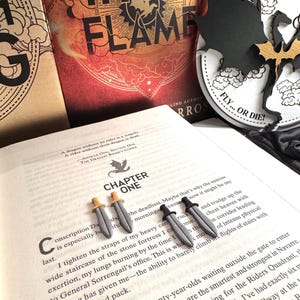 May include: An open book with the title "Iron Flame" and miniature sword figurines. The book has a red and gold cover. The figurines are silver with tan and black handles. The text "FLY... OR DIE!" is visible.