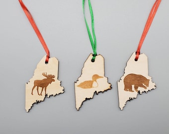 Maine Wood Ornament, Moose, Loon or Moose Made in Maine, Christmas Ornament, Laser Cut