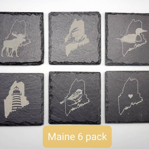 Square Maine Slate Coasters, Maine Made Gifts Set of 4 or 6 Slate Coasters:  Lobster, Moose, Lighthouse, Loon, Chickadee, Heart