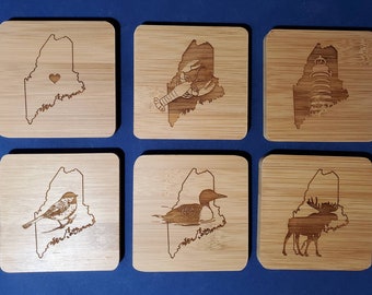 Maine Bamboo Coasters Set: Etched Lobster, Moose, Lighthouse, Loon