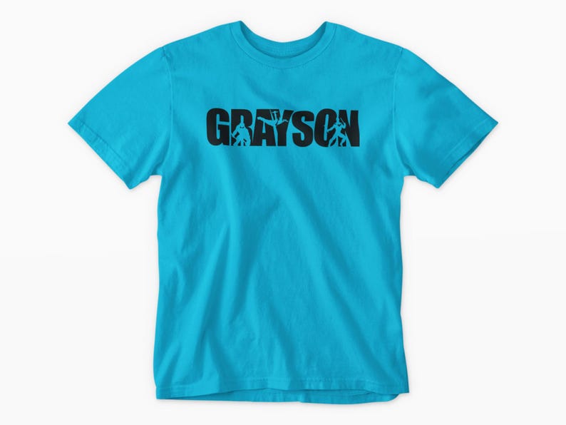 A bright blue t-shirt with the word "GRAYSON" printed on it in a stylized font.