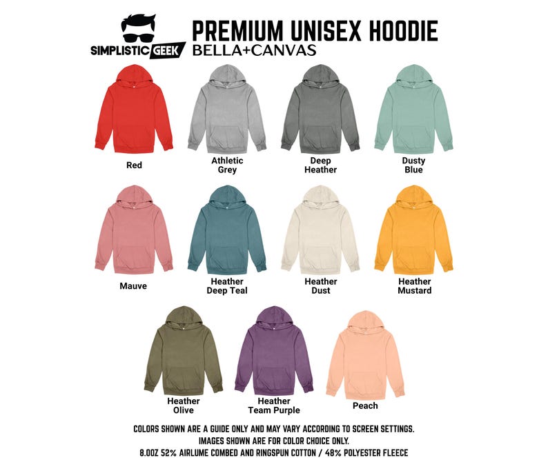 a collection of unisex hoodies in various colors, including red, grey, green, blue, and orange.