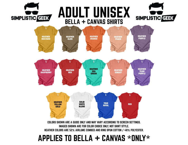 a collection of colorful adult unisex t-shirts, including various shades of yellow, orange, red, green, blue, and purple. The shirts are arranged in rows, showcasing the different color options available for customers to choose from.