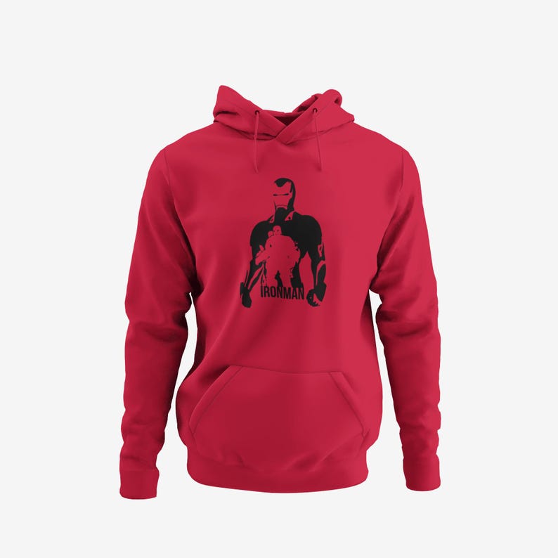 A red hoodie with a black silhouette of Iron Man printed on it.