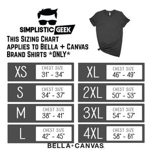 The image is a black and white image featuring a size chart for various chest sizes, including XS, XL, S, M, L, and XL, along with a graphic of a person wearing a black t-shirt.