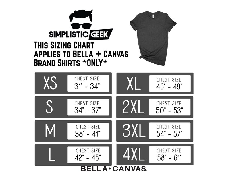 The image is a black and white image featuring a size chart for various chest sizes, including XS, XL, S, M, L, and XL, along with a graphic of a person wearing a black t-shirt.