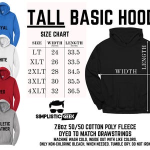 The image is a size chart for a tall basic hoodie, with various color options and corresponding measurements.