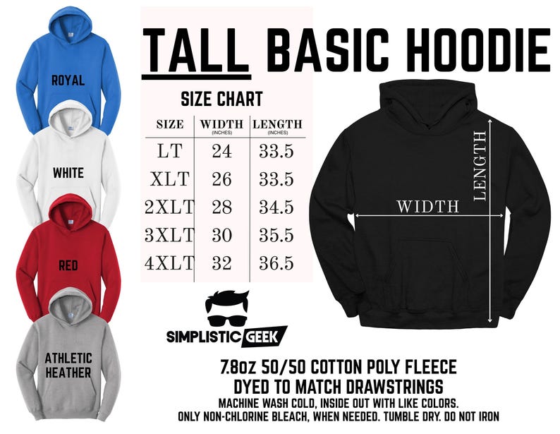 The image is a size chart for a tall basic hoodie, with various color options and corresponding measurements.