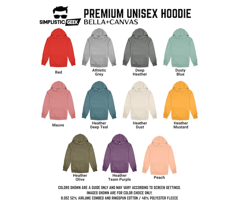 a collection of unisex hoodies in various colors, including red, grey, green, blue, and orange.