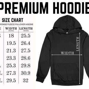 The image is a size chart for a black hoodie, providing measurements for different sizes (XS, S, M, L, XL, and 3XL).