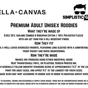a well-fitted adult unisex hoodie made of 8.00 oz of air-jet yarn for a pill-resistant finish. The hoodie has long sleeves and a comfortable hood, and it is produced using either industrial grade materials or heat transferable vinyl, or plastisol screen printed ink. The image shows the hoodie in various sizes, indicating that the image sizes may vary according to the hoodie size in order to maintain the desired aspect ratio.