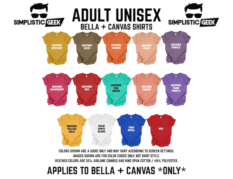 a collection of colorful adult unisex t-shirts, including various shades of yellow, orange, red, green, blue, and purple. The shirts are arranged in rows, showcasing the different color options available for customers to choose from.