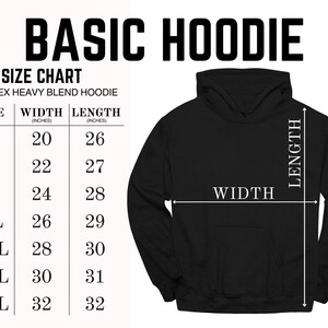 The image is a size chart for a basic hoodie, providing measurements for different sizes ranging from S to XL.