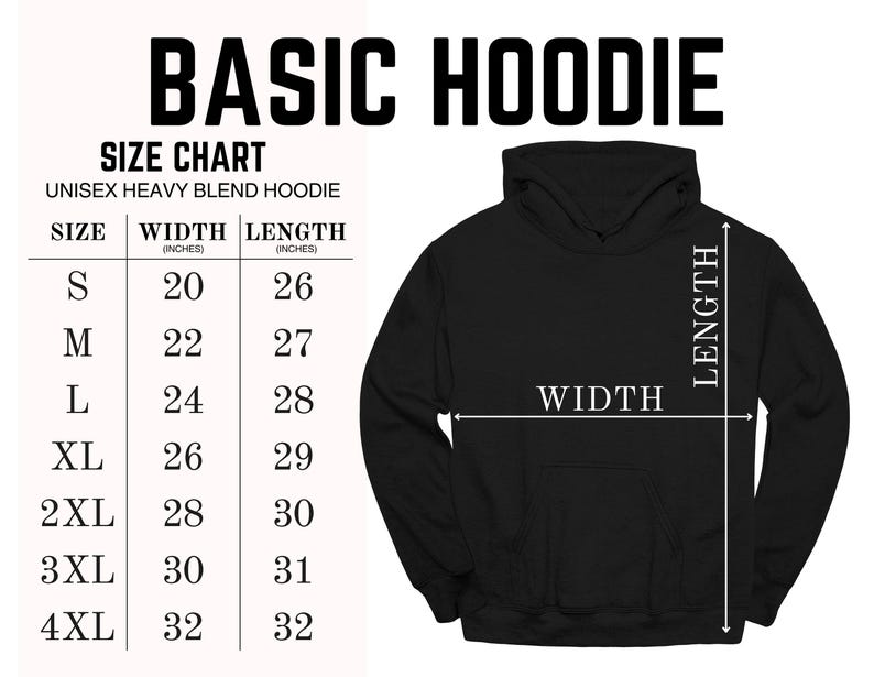 The image is a size chart for a basic hoodie, providing measurements for different sizes ranging from S to XL.