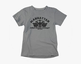 Captain America inspired Tee: Manhattan Super Soldier Academy. Adult Unisex S-5XL, Multiple Colors
