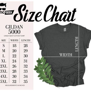 The image is a size chart for a GILDA 5600 unisex heavy cotton t-shirt. The chart provides measurements for different sizes, including S, M, L, XL, 2XL, and 4XL, along with corresponding widths in inches.
