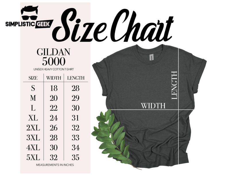 The image is a size chart for a GILDA 5600 unisex heavy cotton t-shirt. The chart provides measurements for different sizes, including S, M, L, XL, 2XL, and 4XL, along with corresponding widths in inches.
