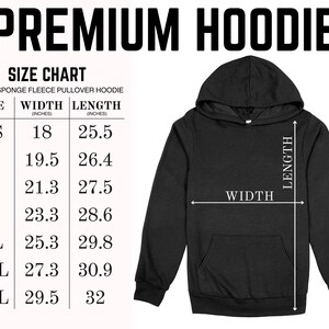 The image is a size chart for a black hoodie, providing measurements for different sizes (XS, S, M, L, XL, and 3XL).