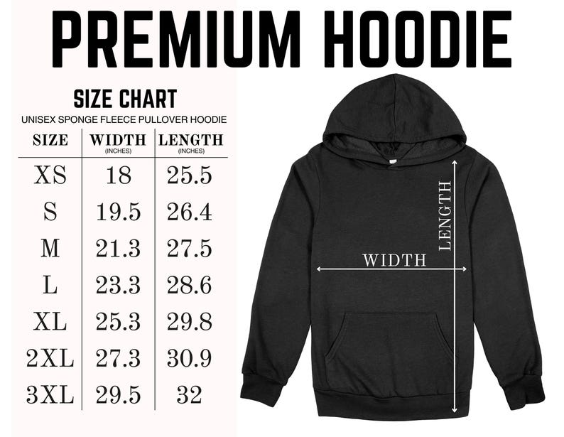 The image is a size chart for a black hoodie, providing measurements for different sizes (XS, S, M, L, XL, and 3XL).