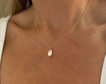 Pearl Drop Necklace for Women, Single Pearl Necklace, Teardrop Pearl Gold Silver, Simple Shell Pearl, Bridal Bridesmaid Wedding Jewelry Gift