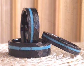 Black Hammered Tungsten Wedding Band with Turquoise Inlay Men Women, Black Wedding Band, Mens Wedding Ring, Turquoise Ring, FREE ENGRAVING