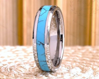 Turquoise Tungsten Ring for Men Women, Silver Tungsten Wedding Band with Natural Turquoise Inlay, Turquoise Wedding Band, Turquoise Ring