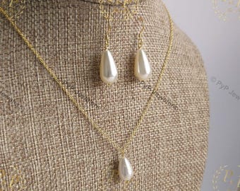Pearl Jewelry Set – Drop Pearl Earrings & Necklace, Teardrop Pearl Set, 925 Sterling Silver, Gold, Shell Pearl Bridal Bridesmaid Gift