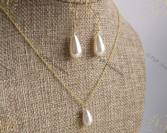 Pearl Jewelry Set – Drop Pearl Earrings & Necklace, Teardrop Pearl Set, 925 Sterling Silver, Gold, Shell Pearl Bridal Bridesmaid Gift