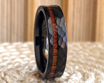 Black Hammered Wedding Band for Men Women, Wood Inlay Ring, Black Hammered Ring for Men Women, Black Wedding Ring, Anniversary Birthday Gift