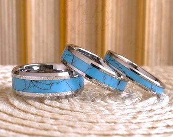 Turquoise Tungsten Ring, 4mm 6mm 8mm Silver Turquoise Wedding Band for Men Women, Turquoise Ring, Matching Bands, Couple Rings, Anniversary