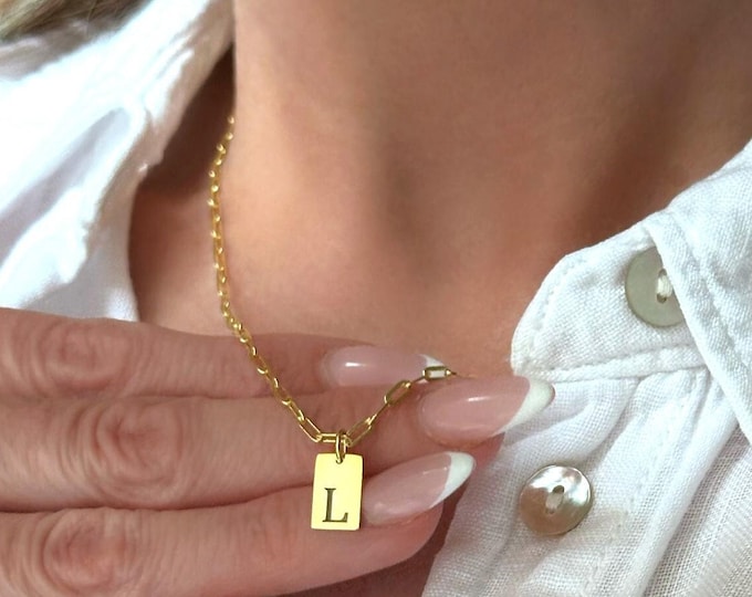 Custom Initial Tag Necklace, 14K Gold and 925 Sterling Silver, Custom Engraved Bar Tag, Personalized Gift for Her, Tiny Dog Tag Necklace