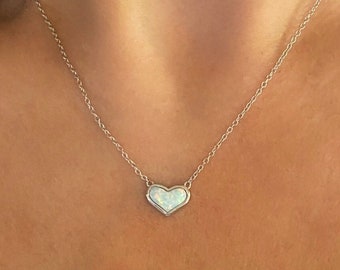 White Opal Heart Necklace, Sterling Silver Heart Necklace, Silver Heart Necklace, Heart Pendant, Gold Heart, Dainty Heart, Anniversary Gift