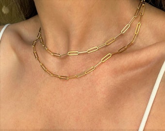 Gold Paperclip Chain Necklace, Sterling Silver Gold Plated Chain, Paper clip Choker, Gold Link Chain Choker Necklace, Gold Layering Necklace