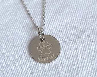 Paw Necklace with Name, Sterling Silver Dog Cat Lover Gift, Pet Memorial Necklace, Puppy Pet Jewelry, Dog Cat Personalized Pet Name, Dog Mom