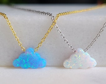Opal Cloud Necklace, available in Blue or White Opal in different lengths. Silver, Gold or Rose Gold with Cable Chain or Box Chain