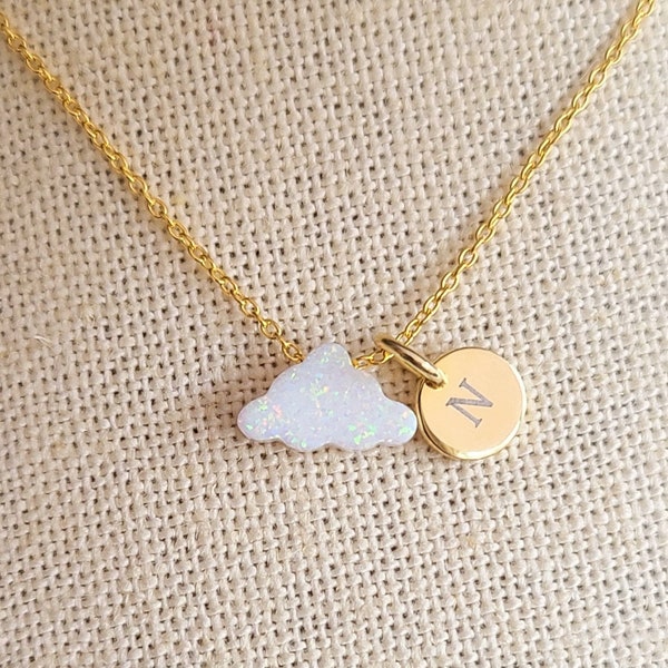 Cloud Necklace with Initial, Opal Cloud Necklace, Silver Cloud Necklace, Opal Necklace for Girl, Opal Choker, White Opal Necklace for Women