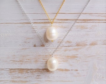 Freshwater Pearl Necklace, Dainty Pearl Necklace, Single Pearl Necklace, Pearl Pendant Jewelry, Gold Silver Pearl, Bridesmaid Gift, Wedding