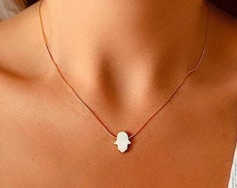 Opal Hamsa Necklace, White Hamsa Necklace for Women Girl, Hand of Hamsa, Fatima Hand, Hamsa Jewelry, Gold Hamsa, Silver Hamsa, Hamsa Choker