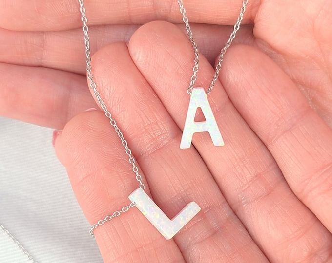 Opal Initial Necklace, Opal Letter Necklace for Mother, Big Large Opal Initial Necklace, Silver Gold Initial Letter, Opal Necklace for Women