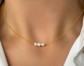 Pearl Choker, 3 Pearl Necklace, Freshwater Pearl Necklace, Dainty Pearl Choker Necklace, Three Pearl Necklace, Gold Silver Pearl Necklace