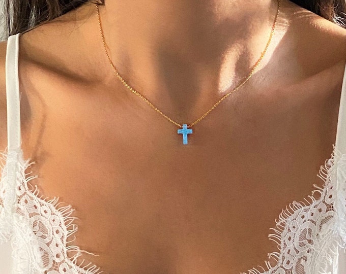 Blue or White Opal Cross Necklace, solid High Quality 925 Sterling Silver Chain, Cable Chain or Box Chain available in different Lengths
